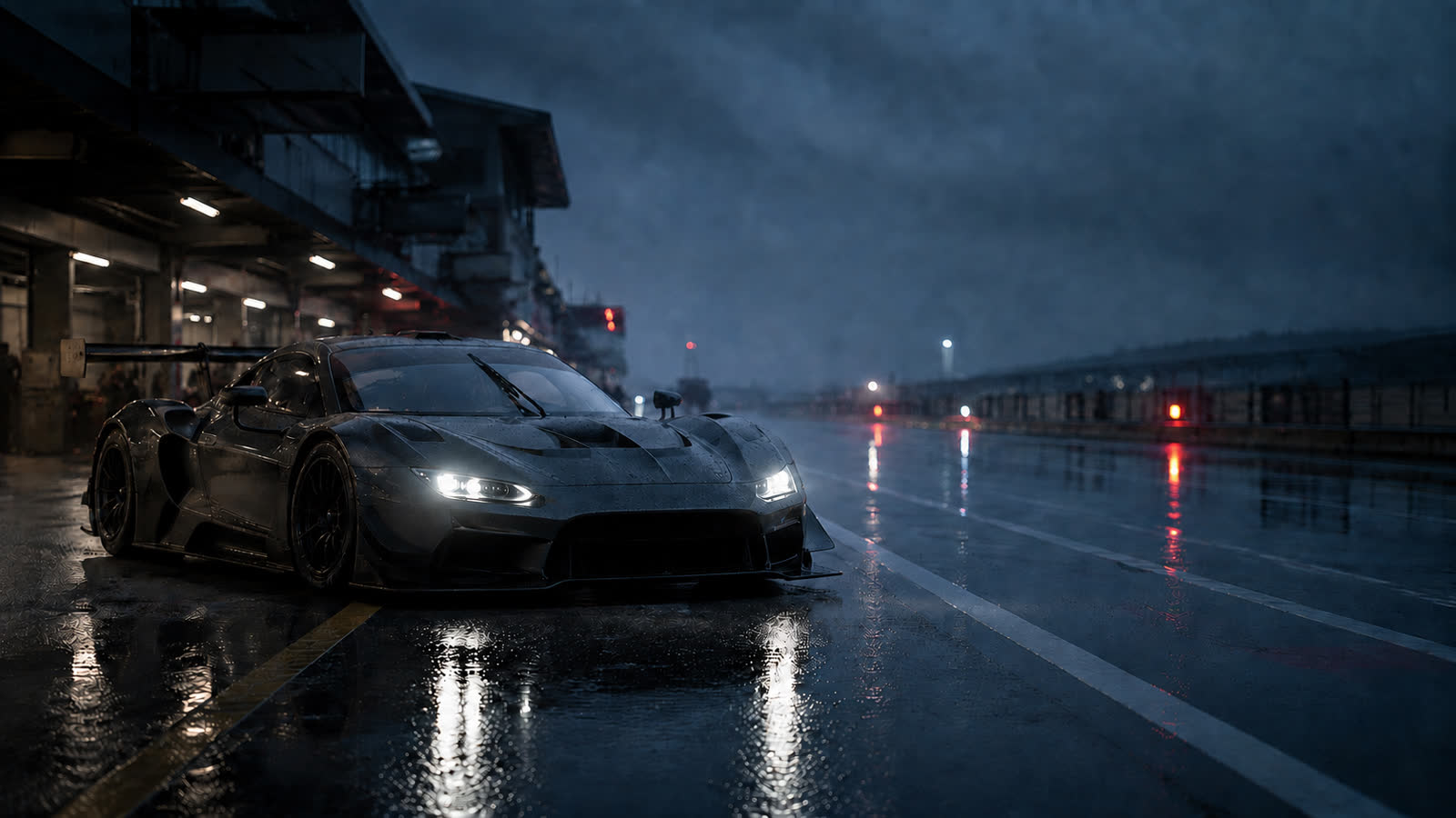 GT race car waiting on a rain-soaked pit lane at blue hour